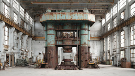 This image showcases an abandoned industrial machine resting in a vast, empty warehouse. The rich textures of rust and wear speak to years of history and neglect.の素材