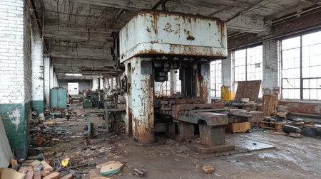 This image captures the haunting beauty of an abandoned factory filled with rusty machinery and scattered debris, showcasing the remnants of industry.の素材
