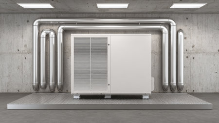 A sleek air conditioning unit sits against a concrete wall, showcasing a network of polished metal pipes, ideal for industrial and modern home settings.の素材