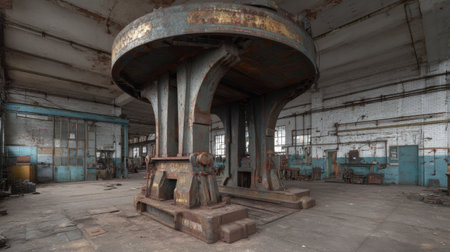 A striking image of a large, rusty industrial machine set in an abandoned factory. The weathered walls and empty floor create a haunting atmosphere, reflecting the passage of time.の素材