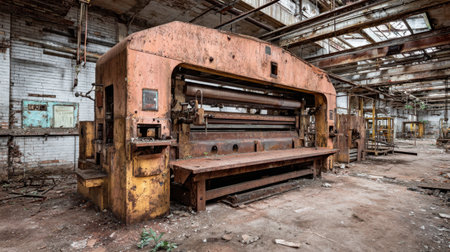 This image captures an abandoned industrial machine in a decaying warehouse, showcasing rust, dust, and an atmosphere of neglect and history.の素材