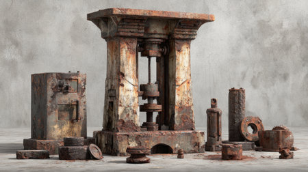 A captivating scene featuring a collection of rusty industrial machinery, including a large press and several corroded components. The backdrop enhances the vintage appeal.の素材