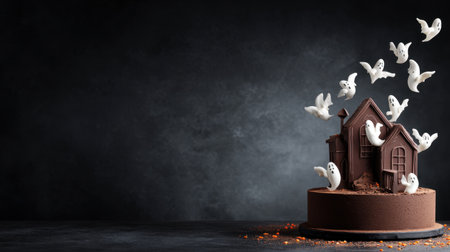 Delightfully themed spooky chocolate cake decorated with playful ghost figures, ideal for Halloween parties and seasonal celebrations. A true centerpiece!の素材