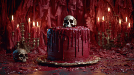 A striking dark gothic cake with vivid red icing and an eerie skull decoration, set against a backdrop of red drapery and flickering candles, perfect for spooky celebrations.の素材