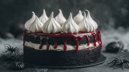 A stunning chocolate cake adorned with delicate meringue peaks and a drizzle of red sauce, perfect for Halloween celebrations. The spooky decor adds an eerie charm to this delightful dessert.の素材