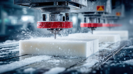 A dynamic scene showcasing the precision cutting of foam material using advanced machinery. Water spray adds a refreshing touch while highlighting intricate details of the process.の素材