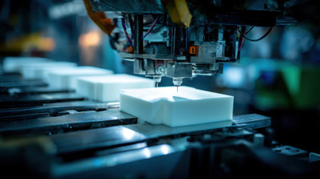 This image showcases the intricate process of robotics in manufacturing, highlighting advanced technology used in producing precise plastic components within a modern facility.の素材