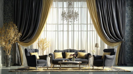 This elegant living room features luxurious black and gold drapes, a stylish sofa set, and tasteful decor accents, creating a warm and inviting ambiance.の素材