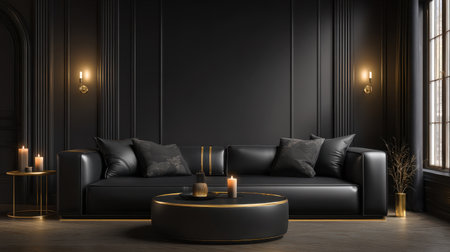 This image captures a stylish interior featuring a black sofa, ambient candlelight, and elegant design elements that create a modern and relaxed atmosphere.の素材