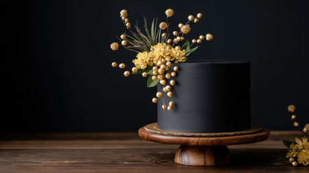 This elegant black cake features stunning golden floral accents, creating a striking centerpiece on a rustic wooden stand. Ideal for celebrations.の素材