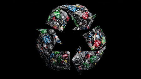 This unique image features a recycling symbol crafted from crushed plastic bottles and cans, highlighting the importance of sustainable practices and environmental responsibility.の素材