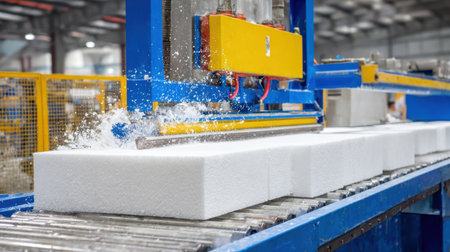 This image showcases an industrial foam cutting machine in operation within a modern manufacturing facility. The precise machinery efficiently cuts blocks of foam, highlighting the advanced technology used in production processes.の素材