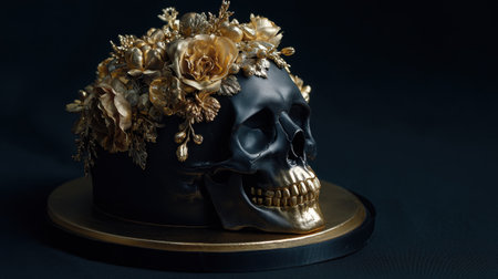 This striking image features a black skull adorned with lush gold flowers, creating a captivating blend of elegance and macabre. Perfect for artistic inspiration.の素材