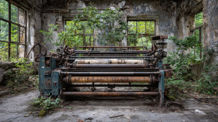 This image showcases an abandoned industrial machine resting in a dilapidated factory filled with overgrown vegetation, illustrating the haunting beauty of decay in urban exploration.の素材