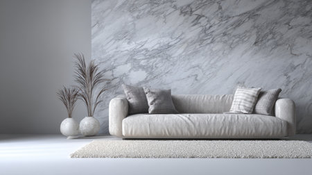 A stylish modern living room scene featuring a plush couch against a stunning marble wall, accompanied by elegant decorative plants and a soft rug.の素材