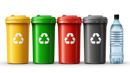 Four colorful recycling bins arranged for waste separation, showcasing sustainability. A plastic water bottle placed beside highlights recycling importance and environmental care.の素材