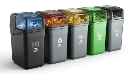 This image showcases five colorful recycling bins designed for effective waste management, promoting environmental sustainability in urban environments. Each bin represents a different material type, highlighting the importance of sorting waste.の素材