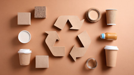 This image presents an organized flat lay of various cardboard packaging and containers, emphasizing recycling and eco-friendly practices on a warm brown background.の素材
