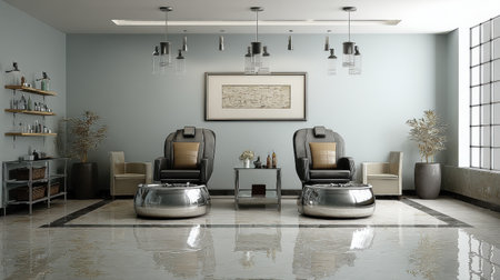 A modern spa interior showcases sleek pedicure chairs in a relaxing environment. The soft blue tones and elegant decor create a tranquil ambiance for clients.の素材