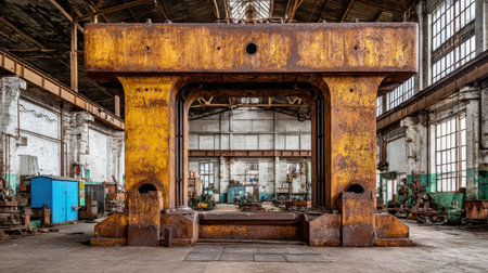 This captivating image showcases an abandoned industrial workshop featuring a large rusty machine at its center, surrounded by weathered walls and vintage equipment.の素材