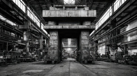 A striking black and white image of an expansive industrial warehouse, featuring heavy machinery and an abandoned atmosphere, highlighting the essence of manufacturing history.の素材