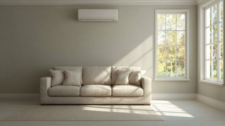 Bright and airy living room featuring a comfortable couch, large windows inviting natural light, and a tranquil atmosphere for relaxation and style.の素材