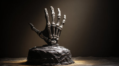 This striking cake sculpture features a realistic skeleton hand emerging from a dark rock base. Perfect for Halloween celebrations, this edible art creates a spooky atmosphere for any event, showcasing creativity and craftsmanship.の素材
