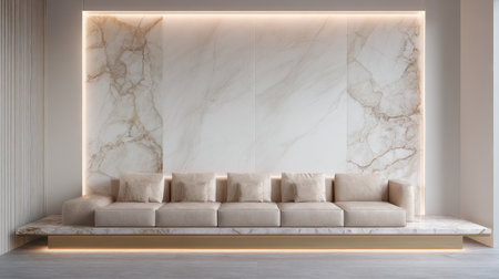This image showcases a modern minimalist living room featuring a chic beige sofa against a stunning marble wall. Warm LED lighting enhances the elegant ambiance.の素材