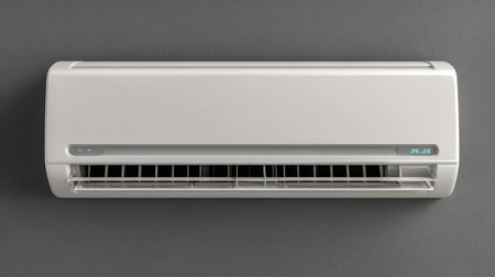 A modern air conditioning unit installed on a wall, showcasing sleek design and efficient ventilation for optimal home climate control and comfort.の素材