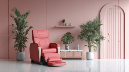 This image features a stylish pink armchair set against a soft pink wall, accompanied by lush green plants and modern decor, creating a serene relaxation space.の素材