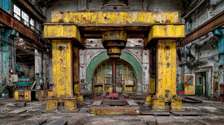 This striking image captures an abandoned industrial workshop showcasing a rusty hydraulic press and decaying machinery, highlighting the beauty of urban decay.の素材