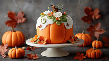 A stunning autumn-themed pumpkin cake adorned with delicate flowers and leaves, perfect for seasonal celebrations and festive gatherings. This gourmet dessert showcases vibrant colors and exquisite craftsmanship, making it a delightful centerpiece for any occasion.の素材