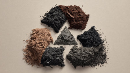 A visually striking arrangement of eco-friendly materials in a recycling symbol. This image showcases various textures and colors, highlighting sustainability.の素材