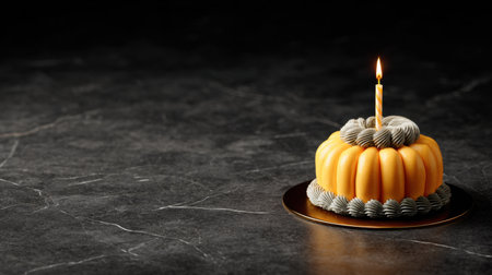 A beautifully crafted pumpkin dessert adorned with gray frosting and a single burning candle, resting on a dark marble background, ideal for seasonal celebrations.の素材