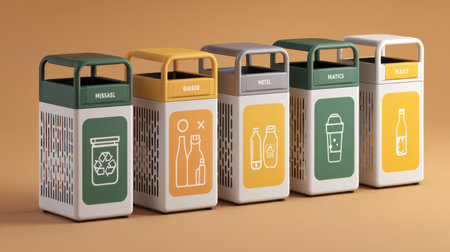 This image features a set of modern waste bins designed for easy disposal of recycling, trash, and compost, showcasing stylish colors and simple icons.の素材