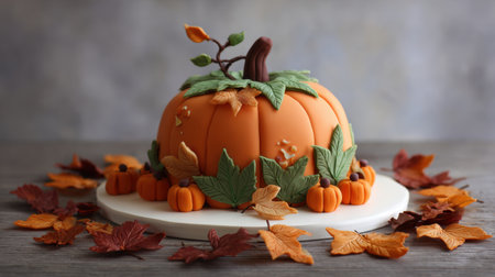 A beautifully crafted pumpkin cake adorned with fondant leaves and vibrant autumn colors, perfect for seasonal celebrations and elegant gatherings.の素材