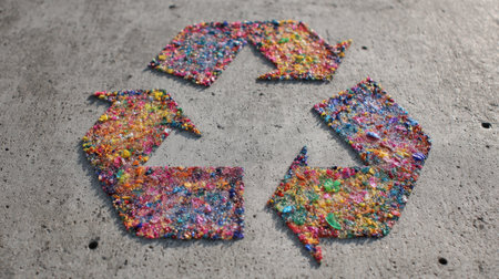 Vibrant recycled art symbol made from assorted colorful materials, demonstrating creativity and commitment to environmental awareness and sustainability.の素材