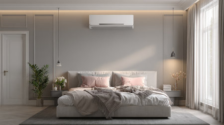 A cozy modern bedroom featuring soft bed linens, ambient lighting, and elegant decor in a calm indoor setting. Perfect for relaxation and comfort.の素材