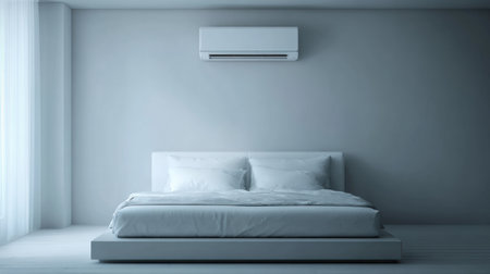 A serene and contemporary bedroom featuring a large bed with crisp white bedding, minimal furniture, and an air conditioning unit that enhances comfort and style.の素材