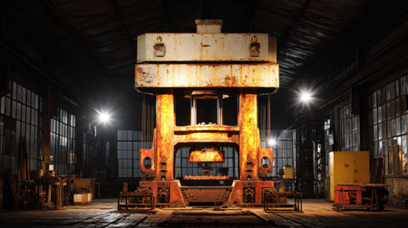 An impressive rusty industrial press machine stands in an abandoned warehouse, illuminated by dramatic lighting that enhances its weathered features and atmosphere.の素材
