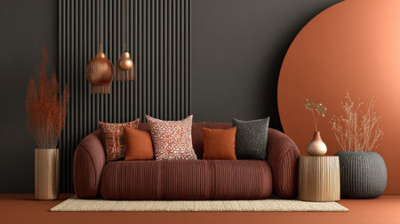 This image showcases a contemporary living room environment featuring a stylish sofa adorned with cushions. The earthy tones create a warm and inviting atmosphere complemented by decorative plants and unique light fixtures.の素材
