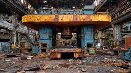 A striking view of abandoned industrial machinery in a decaying factory, showcasing rusted metal surfaces and the remnants of a once-busy workspace.の素材