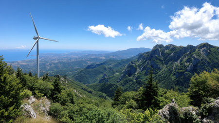 A stunning view of a wind turbine set against a breathtaking mountain landscape, capturing the beauty of nature and renewable energy in a tranquil scene.の素材