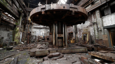 A captivating view of an abandoned industrial warehouse featuring rusty machinery surrounded by debris and remnants of a once-bustling manufacturing environment.の素材
