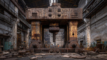 Explore the haunting remnants of a once thriving factory, showcasing massive industrial machinery covered in rust and dust, evoking a sense of history.の素材