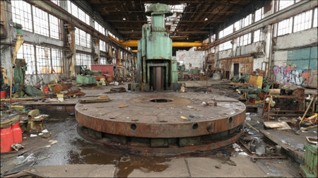 This image captures an abandoned industrial workshop with a large circular machine at its center, surrounded by scattered equipment and a rustic atmosphere.の素材