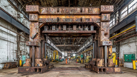 A towering rusty machine stands prominently in this abandoned industrial warehouse, showcasing an environment filled with history and decay.の素材