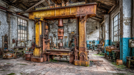 This image captures an abandoned industrial workshop, showcasing rusty machinery and worn tools amidst weathered walls, illustrating a forgotten era of craftsmanship and labor.の素材