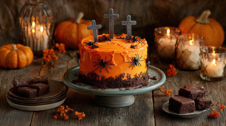 A vibrant Halloween cake adorned with orange frosting, black spiders, and decorated with crosses. Set on a rustic table with candles and pumpkins.の素材