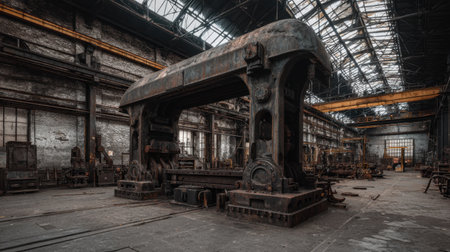 Explore an abandoned industrial workshop featuring rusty machinery and dusty floors in a spacious factory setting. The atmosphere evokes nostalgia for a bygone era.の素材